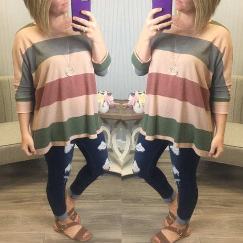 HM Mauve Colorful Stripe Thermal Stripe Top