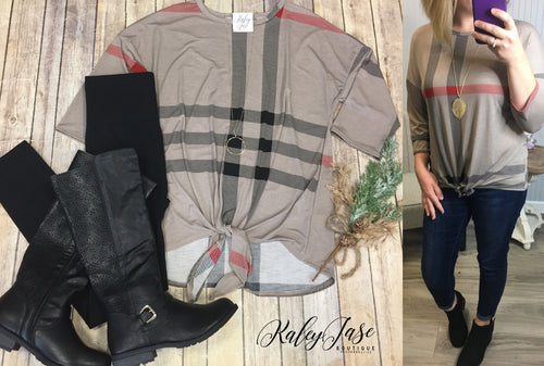 Taupe Unique Plaid Tie Top