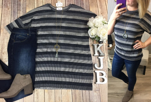 Ribbed Stripe Charcoal/Navy Short Sleeve Sweater