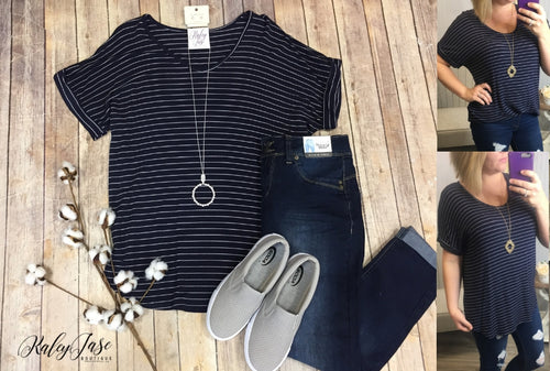 Navy Stripe Vneck Top