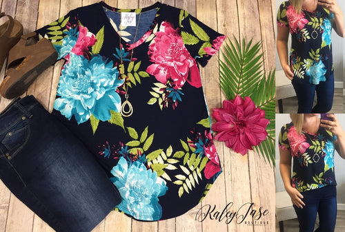 Navy Short Sleeve Big Floral Print Top