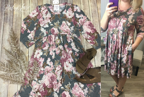 HM Charcoal/Mauve Babydoll Floral Dress