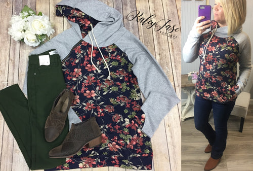 Heather/Navy Floral Double Hoodie