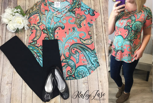 Coral & Mint Paisley S/S Top