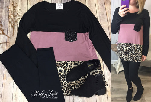 Mauve Leopard Colorblock Sequin Pocket Top