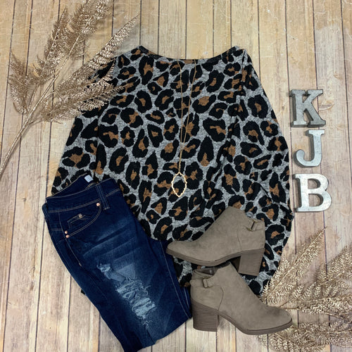 Grey/Taupe Leopard Knit Slouchy Top