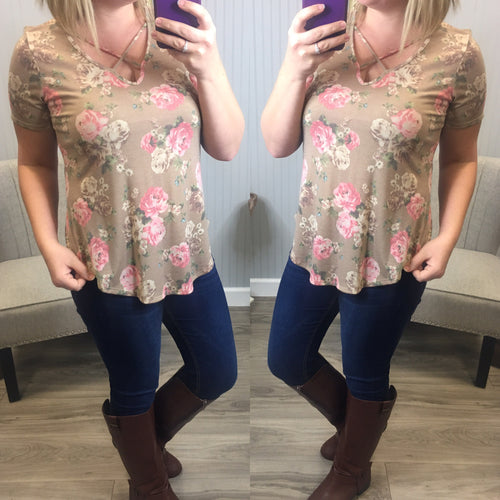 Mocha Floral Print Criss Cross Top