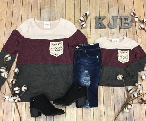 Wine Crochet Pocket Colorblock Top - Mommy & Me