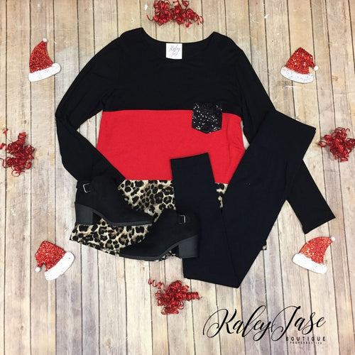 Red Leopard Colorblock LS Sequin Pocket Top