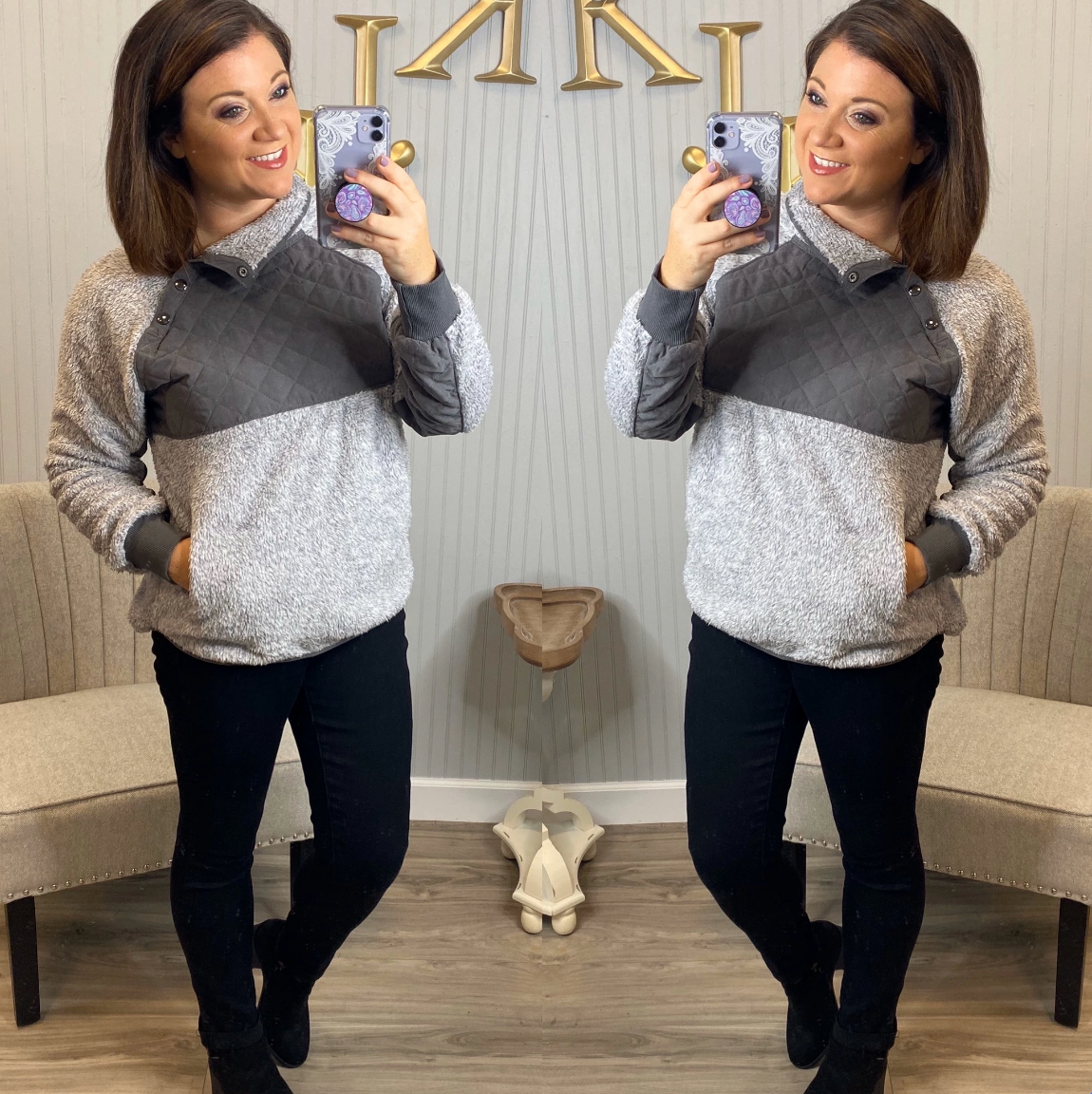 Black Side Snap Sherpa Pullover