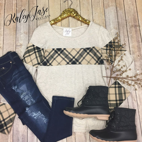 Taupe Plaid Colorblock Top